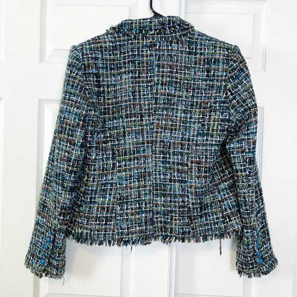 L'Agence Brooke Double Breasted Fringe Tweed Open Front Blazer Blue Multi 10 - Picture 8 of 8